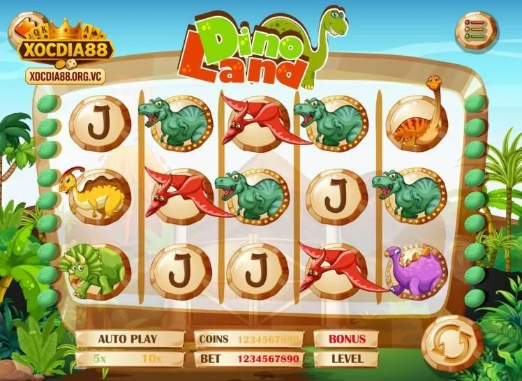 Giao diện Dinosaur Tycoon Xocdia88 với hình ảnh khủng long, trứng và khu rừng nguyên sinh sống động.