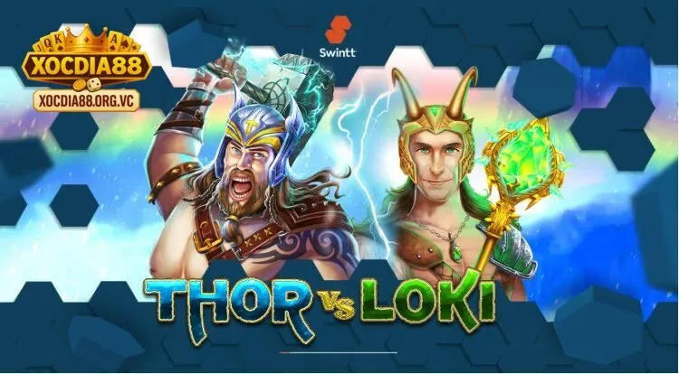 Hệ thống biểu tượng Ragnarok Thor vs Loki Xocdia88 với Thor, Loki và các rune thần thoại.
